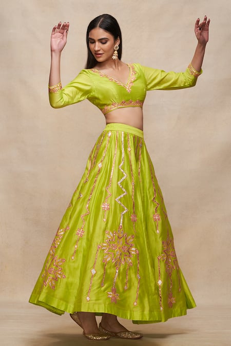 Gulabo by Abu Sandeep Green Chanderi Embellished Gota 8 Kali Lehenga  