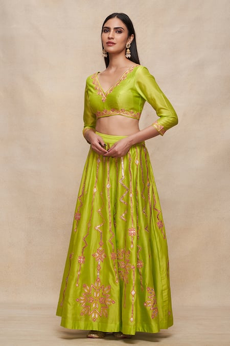 Buy_Gulabo By Abu Sandeep_Green Chanderi Embroidery Gota Embellished 8 Kali Lehenga _Online_at_Aza_Fashions