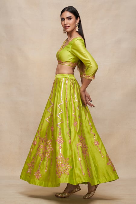 Shop_Gulabo By Abu Sandeep_Green Chanderi Embroidery Gota Embellished 8 Kali Lehenga _Online_at_Aza_Fashions