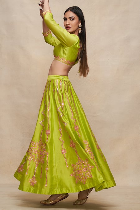 Gulabo By Abu Sandeep_Green Chanderi Embroidery Gota Embellished 8 Kali Lehenga _at_Aza_Fashions