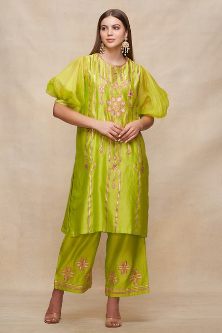 Gulabo by Abu Sandeep Green Chanderi Embellished Gota Round Puff Sleeve Kurta  