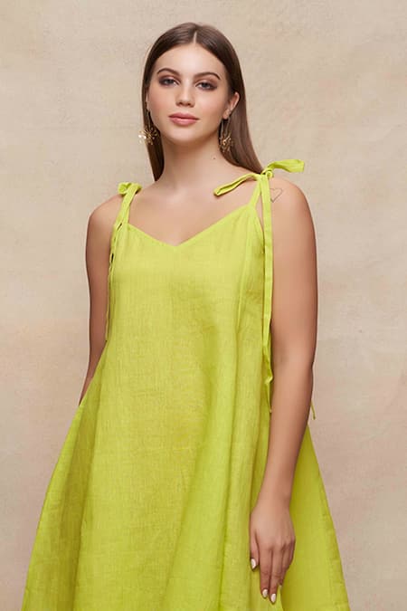 Gulabo By Abu Sandeep_Green Tie-up Straps Linen Slip Dress _Online_at_Aza_Fashions