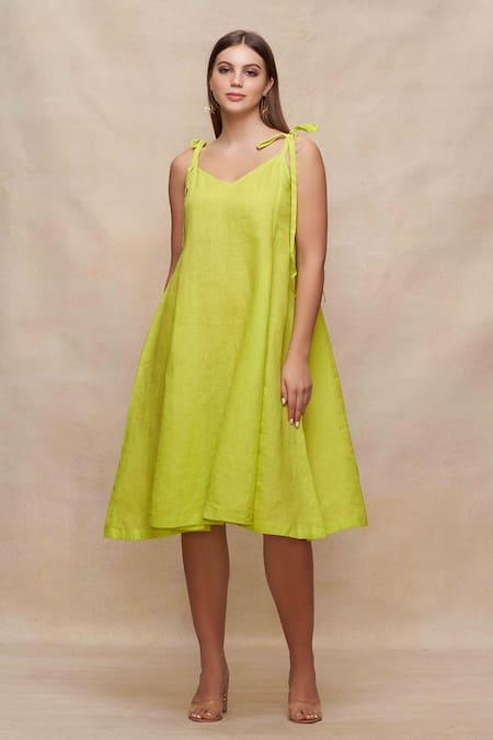 Buy_Gulabo By Abu Sandeep_Green Tie-up Straps Linen Slip Dress _Online_at_Aza_Fashions