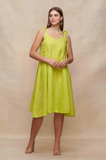Shop_Gulabo By Abu Sandeep_Green Tie-up Straps Linen Slip Dress _Online_at_Aza_Fashions