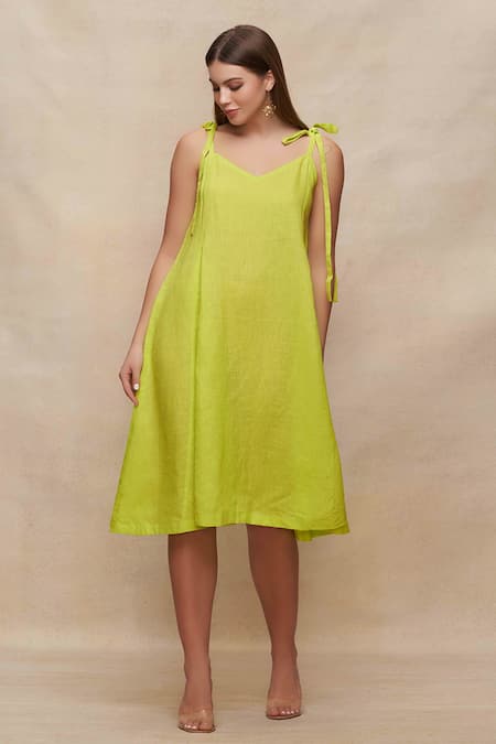 Gulabo By Abu Sandeep_Green Tie-up Straps Linen Slip Dress _at_Aza_Fashions