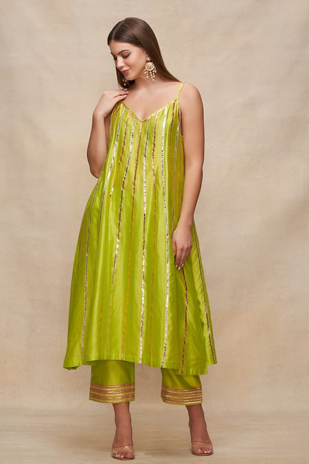 Gulabo By Abu Sandeep_Green Gota Embellished Slip Dress _Online_at_Aza_Fashions