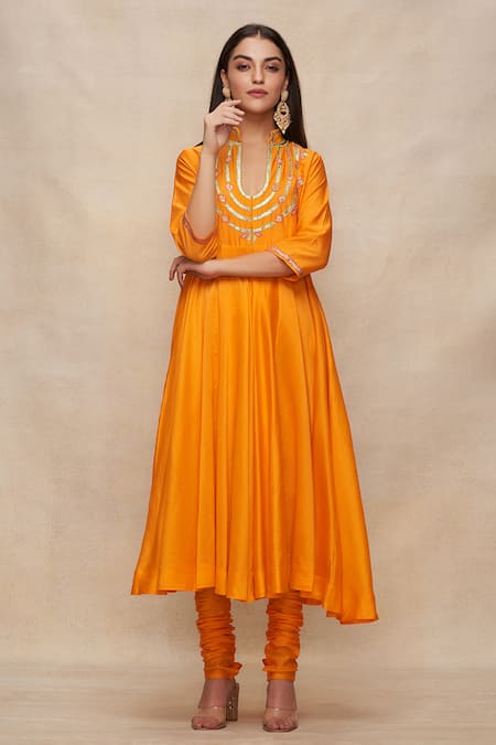 Buy_Gulabo By Abu Sandeep_Yellow Chanderi Embroidery Gathered Churidar _Online_at_Aza_Fashions