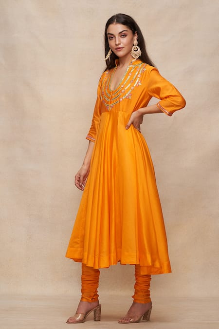 Shop_Gulabo By Abu Sandeep_Yellow Chanderi Embroidery Gathered Churidar _Online_at_Aza_Fashions