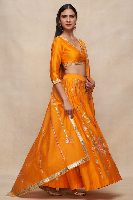 Shop Gulabo By Abu Sandeep Yellow Chanderi Gota Patti Embellished 8 Kali Lehenga Online at Aza Fashions Shop_Gulabo By Abu Sandeep_Yellow Chanderi Gota Patti Embellished 8 Kali Lehenga _Online_at_Aza_Fashions