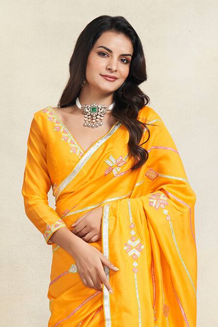 Gulabo By Abu Sandeep_Yellow Chanderi Gota Patti Embellished Saree _Online_at_Aza_Fashions