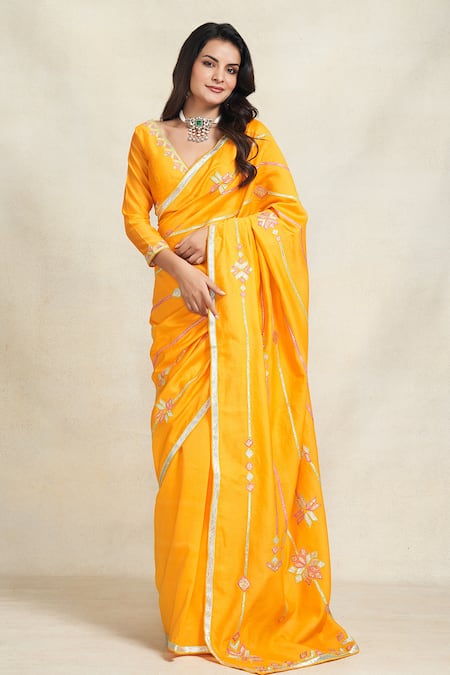 Buy_Gulabo By Abu Sandeep_Yellow Chanderi Gota Patti Embellished Saree _Online_at_Aza_Fashions