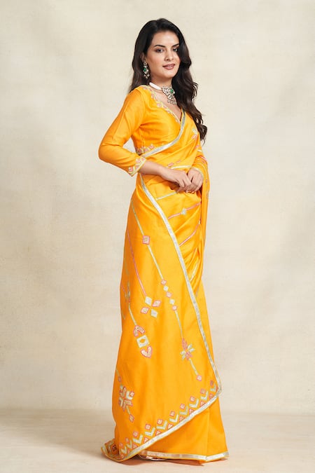 Shop_Gulabo By Abu Sandeep_Yellow Chanderi Gota Patti Embellished Saree _Online_at_Aza_Fashions