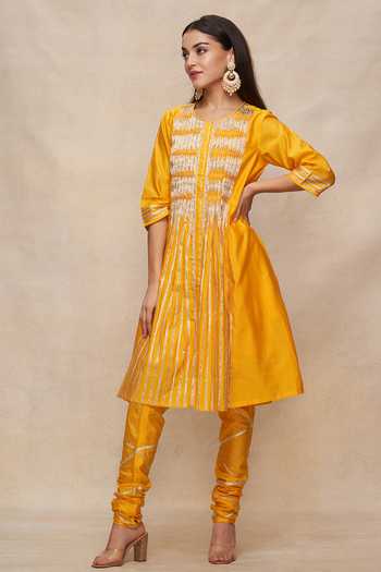 Buy_Gulabo By Abu Sandeep_Yellow Chanderi Gota Patti Round Neck Pintucked Embellished Tunic _Online_at_Aza_Fashions