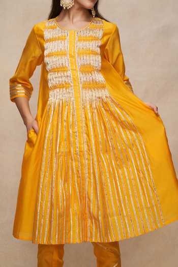 Shop_Gulabo By Abu Sandeep_Yellow Chanderi Gota Patti Round Neck Pintucked Embellished Tunic _Online_at_Aza_Fashions