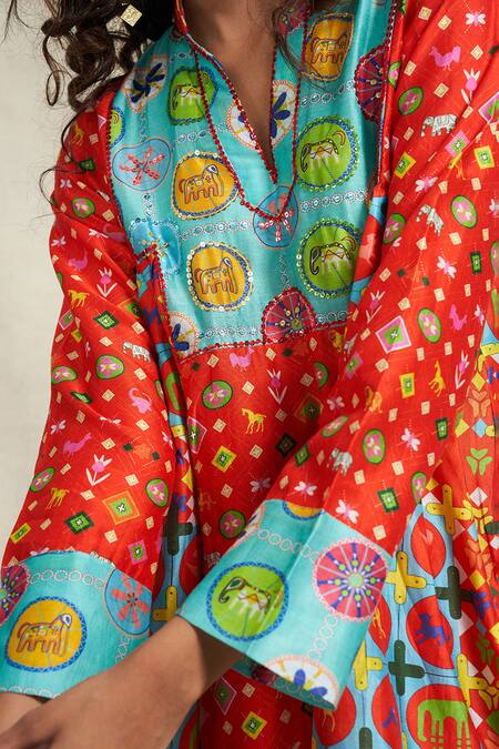 Shop_Gulabo By Abu Sandeep_Red Chanderi Sequins Split V-neck Yara Printed Tunic _Online_at_Aza_Fashions