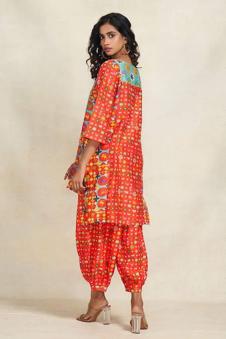 Shop Gulabo By Abu Sandeep Red Chanderi Printed Botanical Round Yara High Low Tunic at Aza Fashions Shop_Gulabo By Abu Sandeep_Red Chanderi Printed Botanical Round Yara High Low Tunic _at_Aza_Fashions