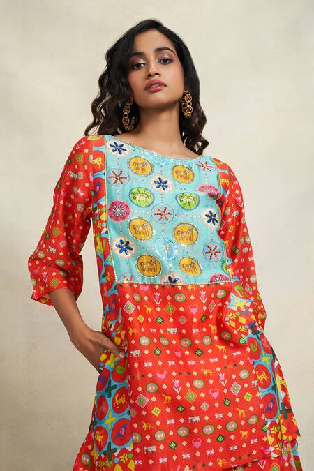 Shop Gulabo By Abu Sandeep Red Chanderi Printed Botanical Round Yara High Low Tunic Online at Aza Fashions Shop_Gulabo By Abu Sandeep_Red Chanderi Printed Botanical Round Yara High Low Tunic _Online_at_Aza_Fashions