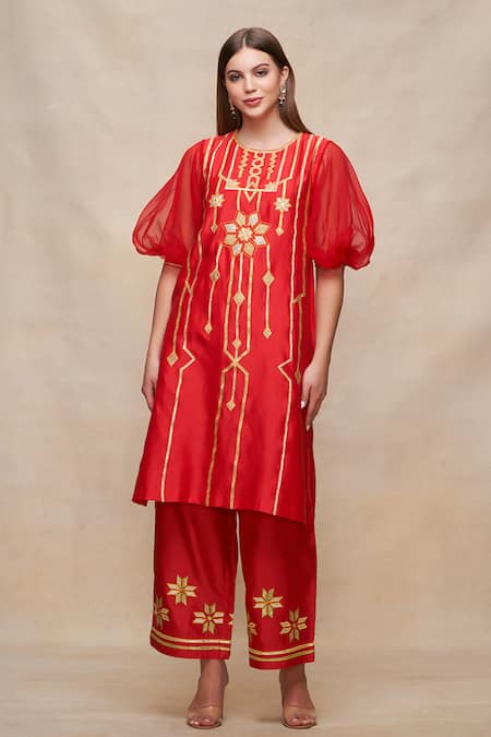 Gulabo by Abu Sandeep Red Chanderi Embroidered Gota Round Kurta  