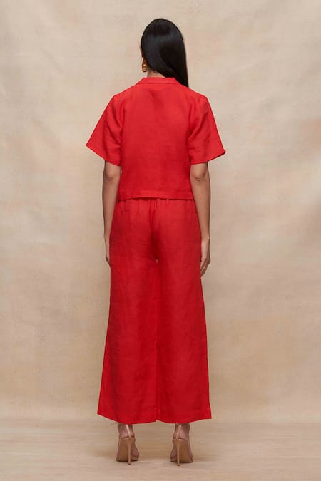 Shop_Gulabo By Abu Sandeep_Red 100% Linen Plain Straight Pant  _at_Aza_Fashions