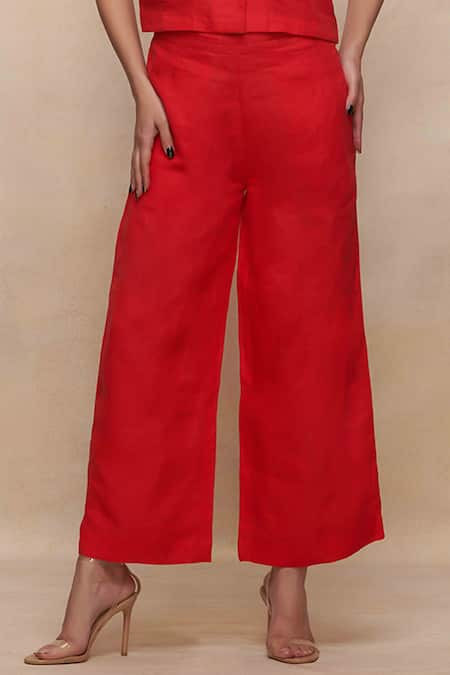 Gulabo By Abu Sandeep_Red 100% Linen Plain Straight Pant  _Online_at_Aza_Fashions