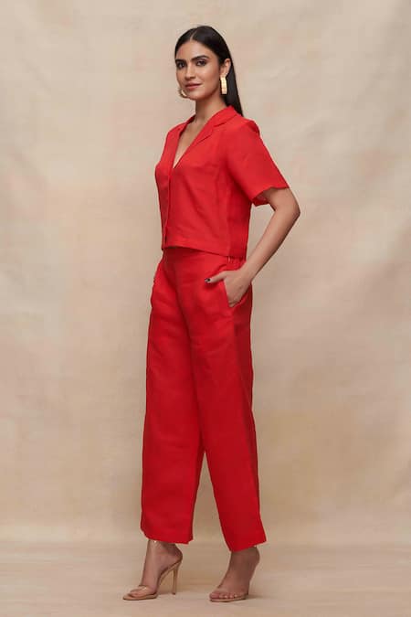 Shop_Gulabo By Abu Sandeep_Red 100% Linen Plain Straight Pant  _Online_at_Aza_Fashions
