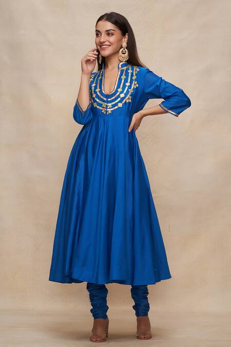 Gulabo By Abu Sandeep_Blue Chanderi Embroidered Gota Notched Anarkali  _Online_at_Aza_Fashions