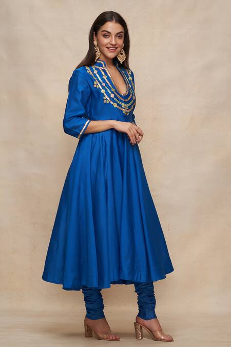 Buy_Gulabo By Abu Sandeep_Blue Chanderi Embroidered Gota Notched Anarkali  _Online_at_Aza_Fashions