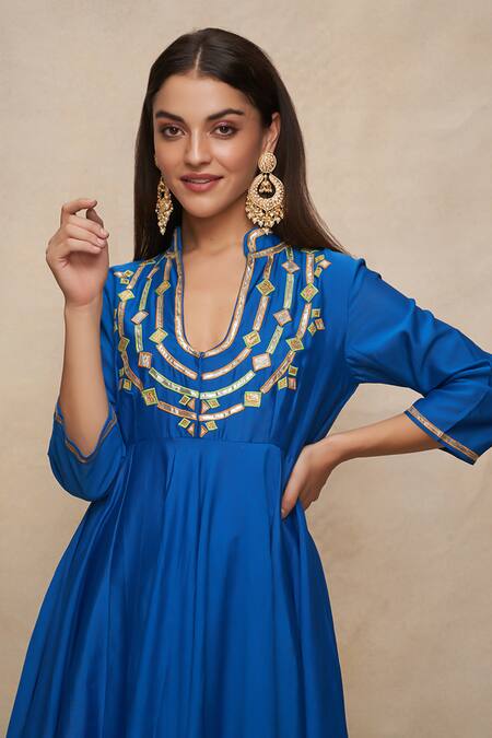 Shop_Gulabo By Abu Sandeep_Blue Chanderi Embroidered Gota Notched Anarkali  _Online_at_Aza_Fashions