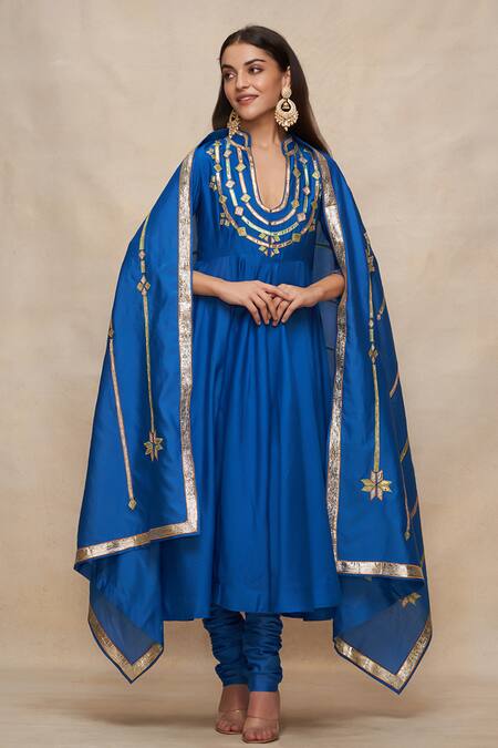 Gulabo By Abu Sandeep_Blue Chanderi Embroidered Gota Notched Anarkali  _at_Aza_Fashions