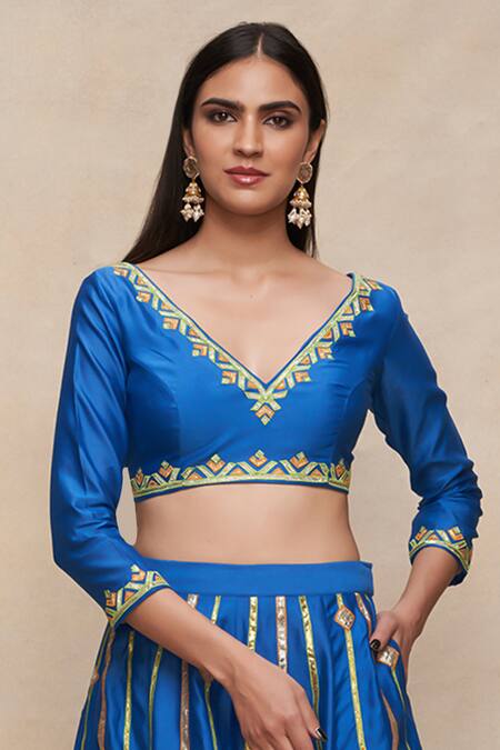 Gulabo By Abu Sandeep_Blue Chanderi Gota Patti V-neck Embroidered Blouse _Online_at_Aza_Fashions