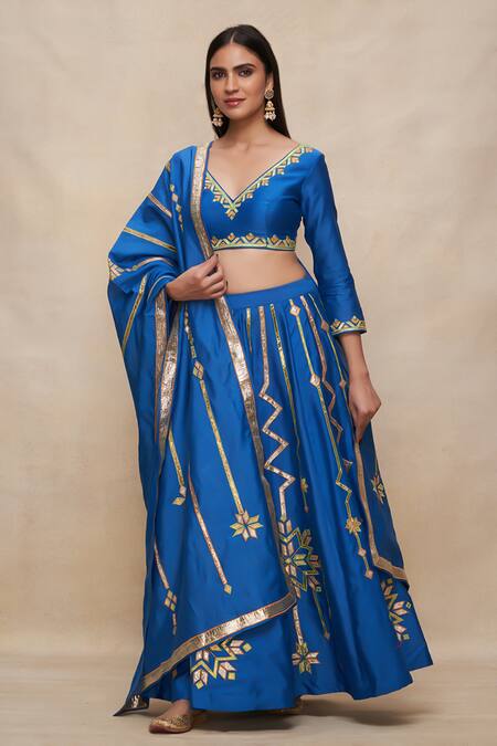 Buy_Gulabo By Abu Sandeep_Blue Chanderi Gota Patti V-neck Embroidered Blouse _Online_at_Aza_Fashions