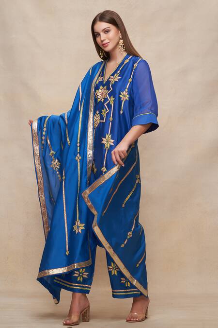 Shop Gulabo By Abu Sandeep Blue Chanderi Embroidered Gota Dupatta at Aza Fashions Shop_Gulabo By Abu Sandeep_Blue Chanderi Embroidered Gota Dupatta _at_Aza_Fashions