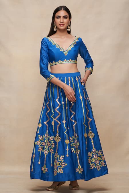 Gulabo by Abu Sandeep Blue Chanderi Embroidered Gota Flared Lehenga Skirt  