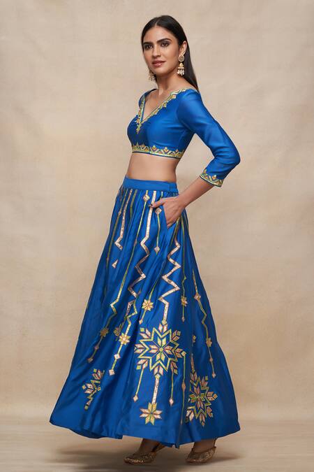 Gulabo By Abu Sandeep_Blue Chanderi Gota Patti Embroidered Flared Lehenga Skirt _Online_at_Aza_Fashions