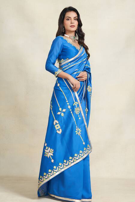 Shop_Gulabo By Abu Sandeep_Blue Chanderi Gota Patti Embroidered Saree _Online_at_Aza_Fashions