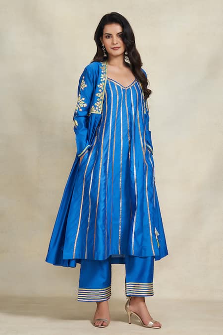 Gulabo by Abu Sandeep Blue Chanderi Embroidered Gota Open Gathered Jacket  