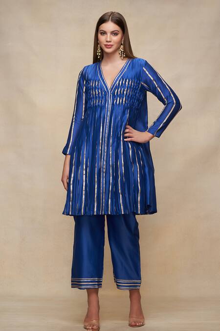 Shop_Gulabo By Abu Sandeep_Blue Chanderi Gota Patti V-neck Open Embroidered Kurta Dress _Online_at_Aza_Fashions