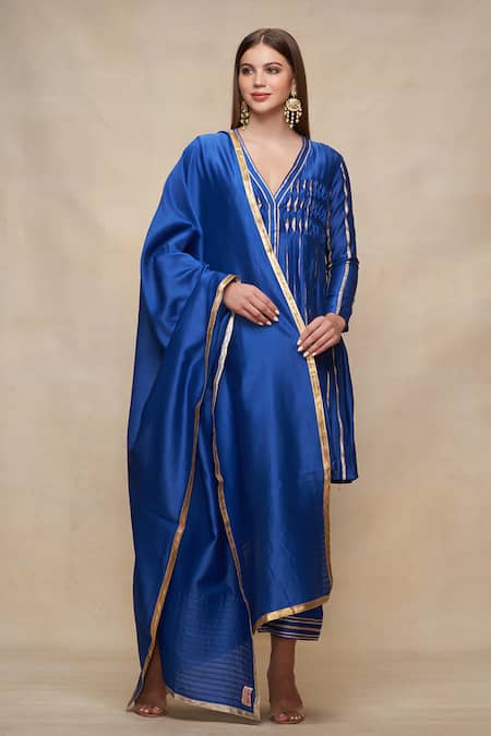 Gulabo By Abu Sandeep_Blue Chanderi Gota Patti V-neck Open Embroidered Kurta Dress _at_Aza_Fashions