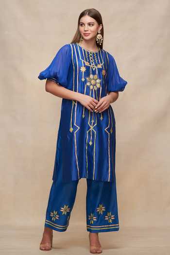 Gulabo By Abu Sandeep Blue Chanderi Gota Patti Round Neck Embroidered Puffed Sleeve Kurta Online at Aza Fashions Gulabo By Abu Sandeep_Blue Chanderi Gota Patti Round Neck Embroidered Puffed Sleeve Kurta _Online_at_Aza_Fashions