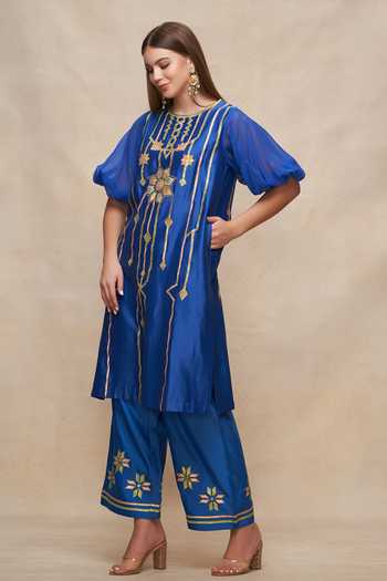 Buy Gulabo By Abu Sandeep Blue Chanderi Gota Patti Round Neck Embroidered Puffed Sleeve Kurta Online at Aza Fashions Buy_Gulabo By Abu Sandeep_Blue Chanderi Gota Patti Round Neck Embroidered Puffed Sleeve Kurta _Online_at_Aza_Fashions