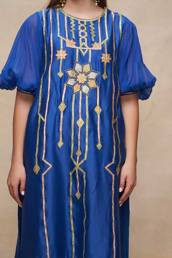 Shop Gulabo By Abu Sandeep Blue Chanderi Gota Patti Round Neck Embroidered Puffed Sleeve Kurta Online at Aza Fashions Shop_Gulabo By Abu Sandeep_Blue Chanderi Gota Patti Round Neck Embroidered Puffed Sleeve Kurta _Online_at_Aza_Fashions