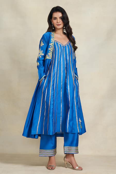 Gulabo by Abu Sandeep Blue Chanderi Embroidered Gota Striped Hem Pant  