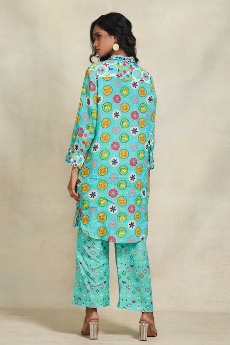 Shop_Gulabo By Abu Sandeep_Blue Linen Printed Flared Pant  _at_Aza_Fashions