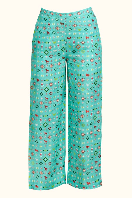 Buy_Gulabo By Abu Sandeep_Blue Linen Printed Flared Pant  _Online_at_Aza_Fashions