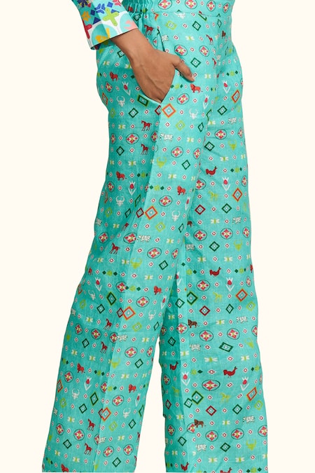 Shop_Gulabo By Abu Sandeep_Blue Linen Printed Flared Pant  _Online_at_Aza_Fashions