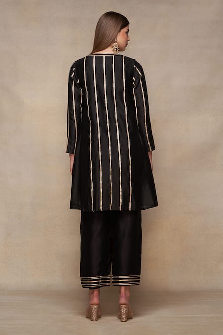 Shop_Gulabo By Abu Sandeep_Black Chanderi Placement Embroidery Gota V Neck A-line Tunic  _at_Aza_Fashions