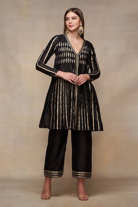 Gulabo By Abu Sandeep_Black Chanderi Placement Embroidery Gota V Neck A-line Tunic  _Online_at_Aza_Fashions