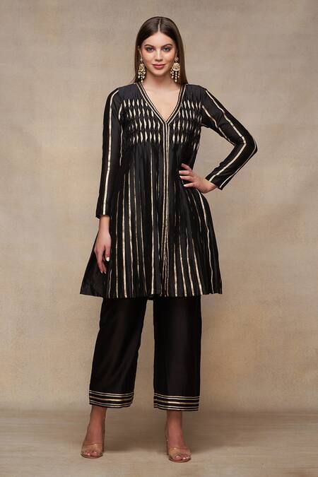 Buy_Gulabo By Abu Sandeep_Black Chanderi Placement Embroidery Gota V Neck A-line Tunic  _Online_at_Aza_Fashions