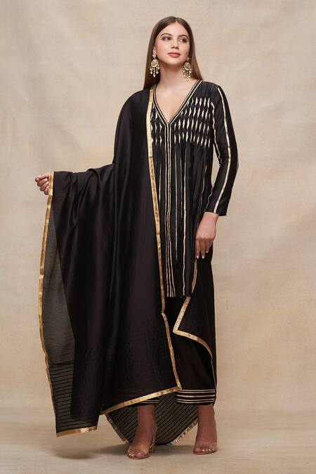 Shop_Gulabo By Abu Sandeep_Black Chanderi Placement Embroidery Gota V Neck A-line Tunic  _Online_at_Aza_Fashions