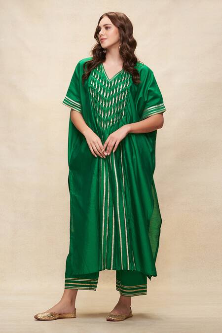 Buy_Gulabo By Abu Sandeep_Green Chanderi Gota Patti V-neck Embroidered Pleated Kaftan _Online_at_Aza_Fashions